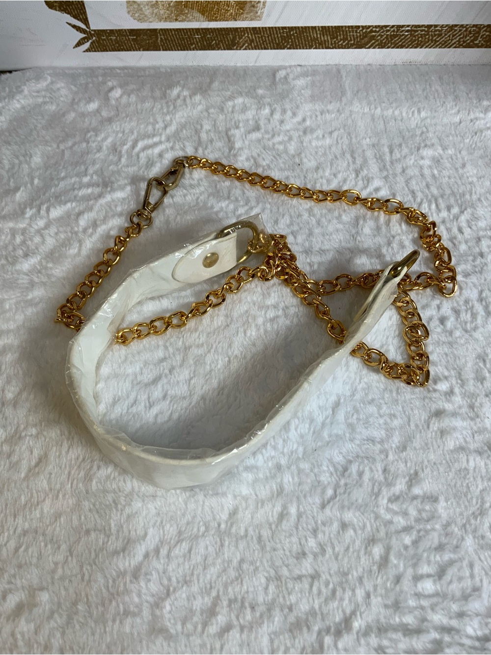 White Patent Strap Bag Chain with Gold Hardware